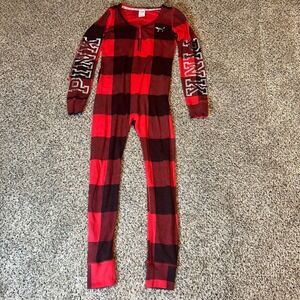 PINK Victoria's Secret Red Black Buffalo Plaid Fleece Onesie Sleepwear Womens M